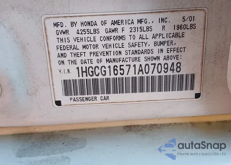 2001 Honda Accord 3.0 Ex from USA, damaged, VIN 1HGCG16571A070948